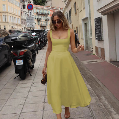 Square-neck Sleeveless Waist Trimming Sling Dress