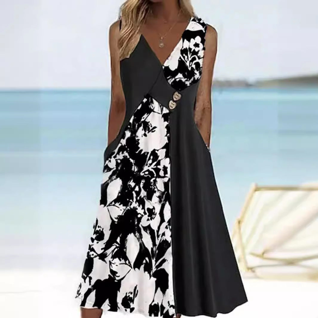 V-neck Sleeveless Black And White Women's Clothing Dress