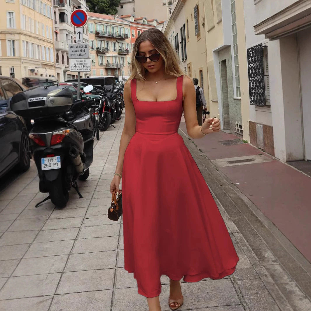 Square-neck Sleeveless Waist Trimming Sling Dress