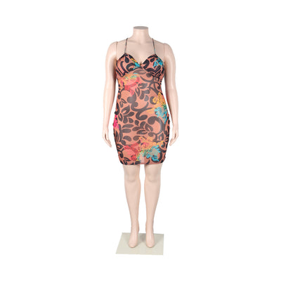 Women's Slim-fit Printed Cross Shoulder Strap Dress