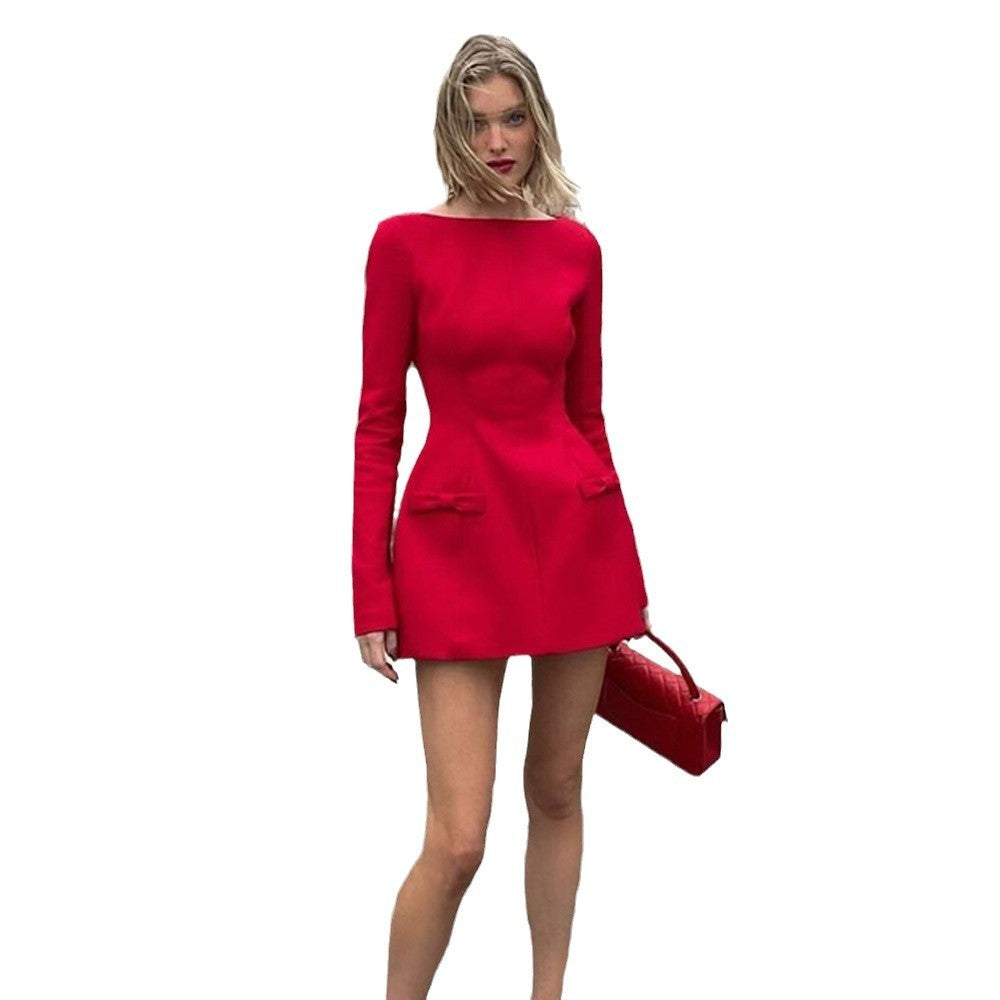 Women's Clothing Fashion Long Sleeve Slim-fit Bow Dress