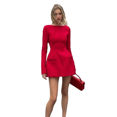 Women's Clothing Fashion Long Sleeve Slim-fit Bow Dress