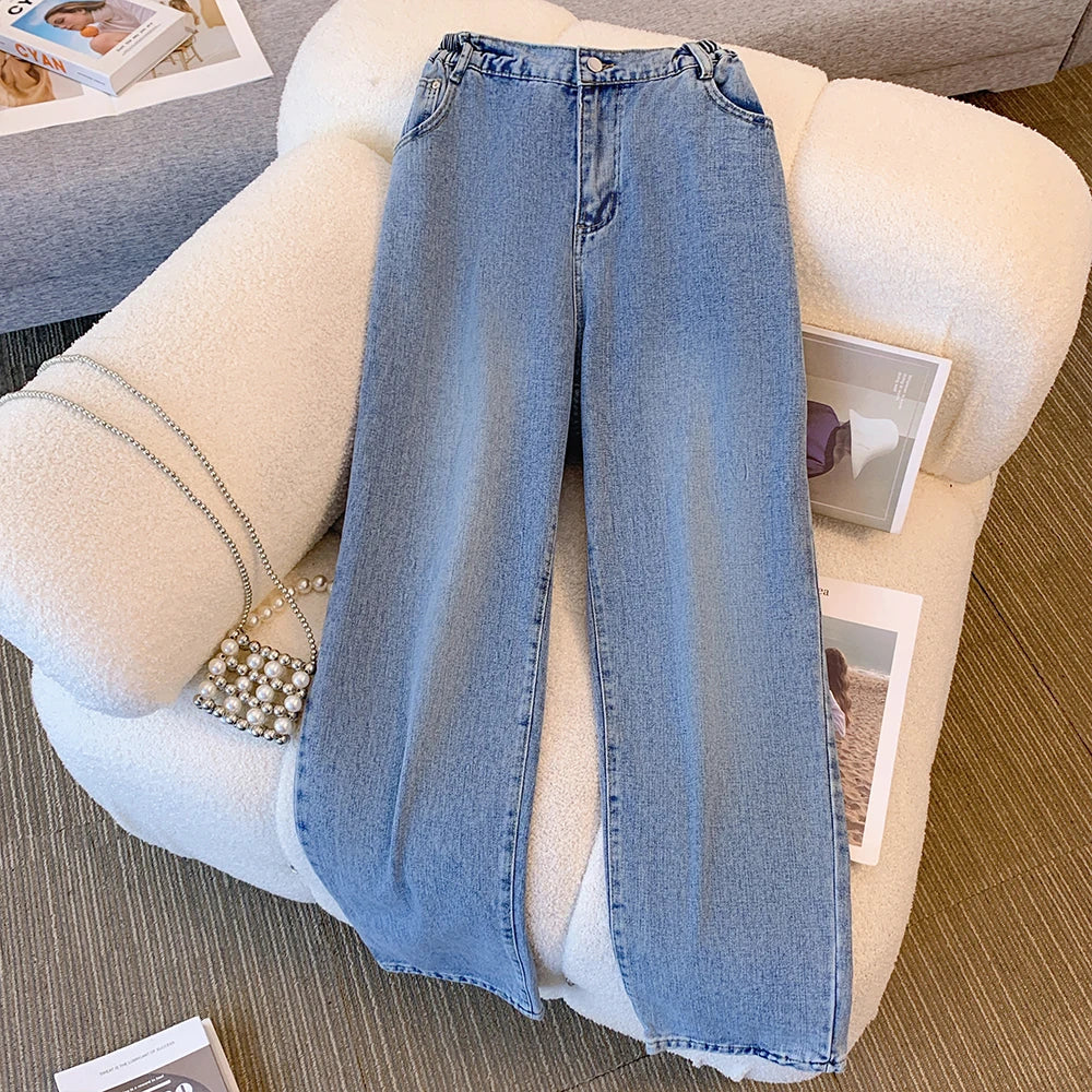 Plus size women's spring and autumn casual jeans classic design black blue washed denim fabric comfortable and versatile
