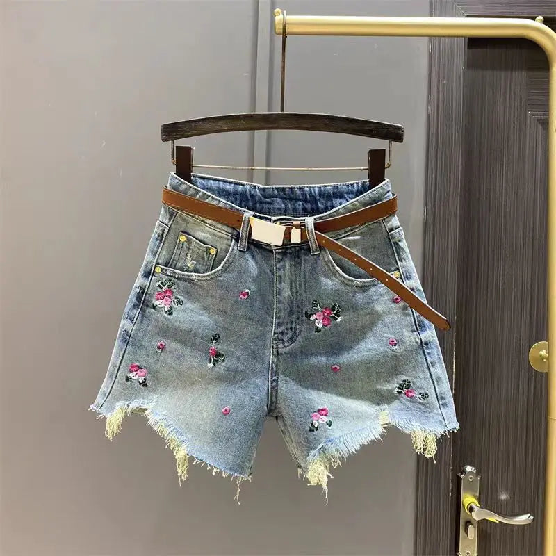 Plus Size Women Jean Zipper Embroide Jean Pant Female Fashion Denim Trousers Lady Sexy Club Outfits 2025 Summer Short Pants