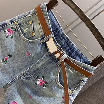 Plus Size Women Jean Zipper Embroide Jean Pant Female Fashion Denim Trousers Lady Sexy Club Outfits 2025 Summer Short Pants