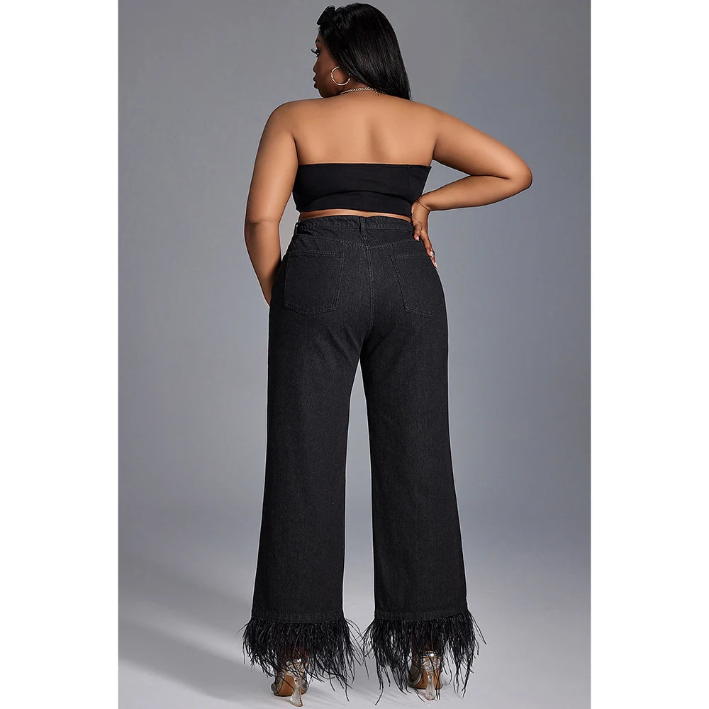 Plus Size Women's Jeans Daily Jean Black Casual High Waist Straight Feather Button Fashion Jeans