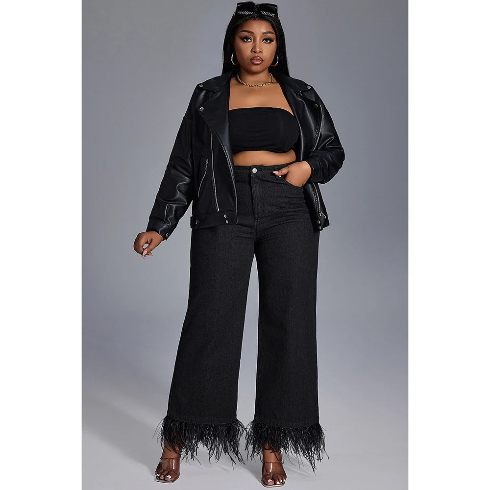Plus Size Women's Jeans Daily Jean Black Casual High Waist Straight Feather Button Fashion Jeans