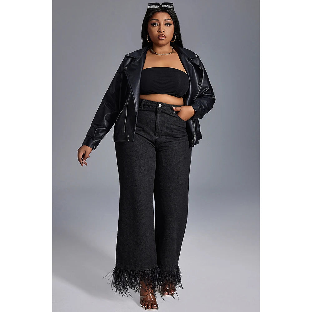 Plus Size Women's Jeans Daily Jean Black Casual High Waist Straight Feather Button Fashion Jeans