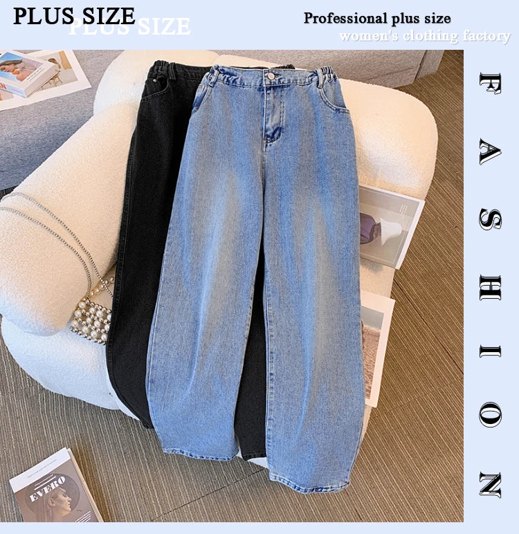 Plus size women's spring and autumn casual jeans classic design black blue washed denim fabric comfortable and versatile