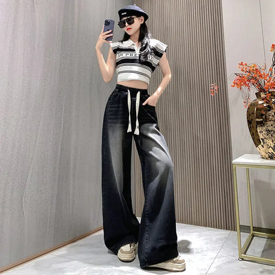 High Elastic Wasit Plus Size Jeans For Women 2024 Autumn New Arrival Full Length Black Jeans Woman Streetwear Casual Denim Pants