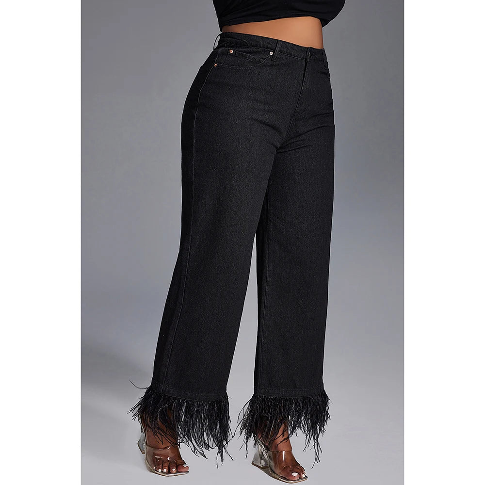 Plus Size Women's Jeans Daily Jean Black Casual High Waist Straight Feather Button Fashion Jeans