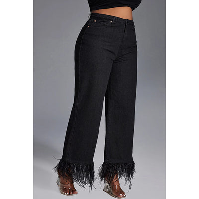 Plus Size Women's Jeans Daily Jean Black Casual High Waist Straight Feather Button Fashion Jeans
