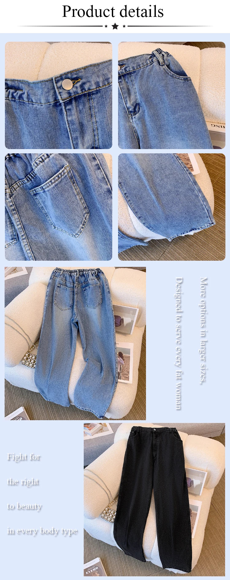 Plus size women's spring and autumn casual jeans classic design black blue washed denim fabric comfortable and versatile