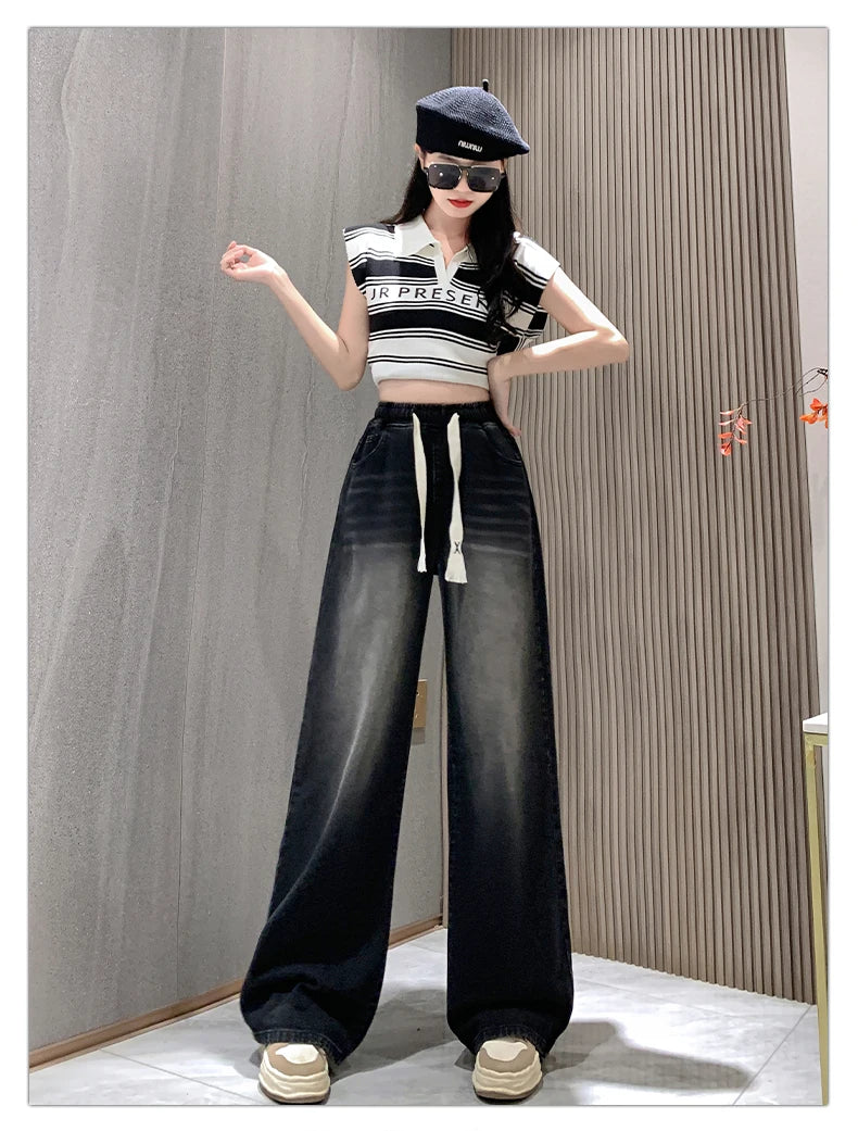 High Elastic Wasit Plus Size Jeans For Women 2024 Autumn New Arrival Full Length Black Jeans Woman Streetwear Casual Denim Pants