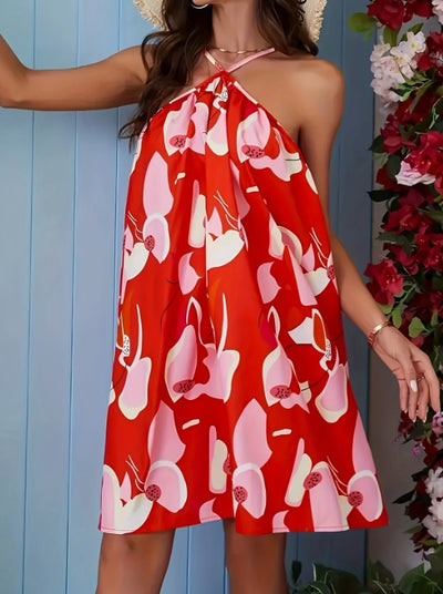 Floral Print Halter Neck Trapeze Dress