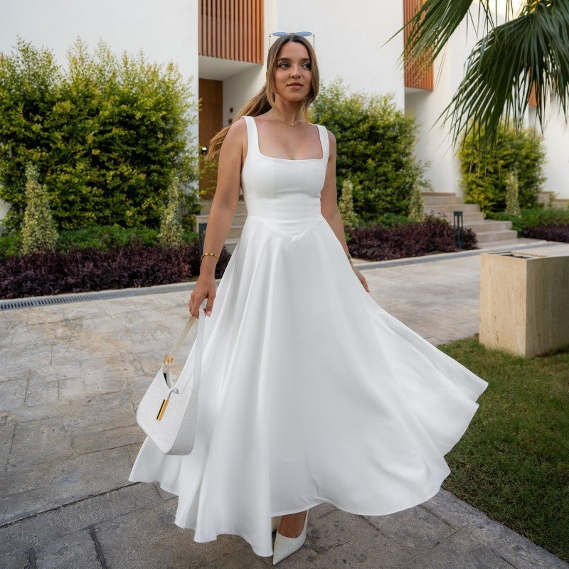 Square-neck Sleeveless Waist Trimming Sling Dress